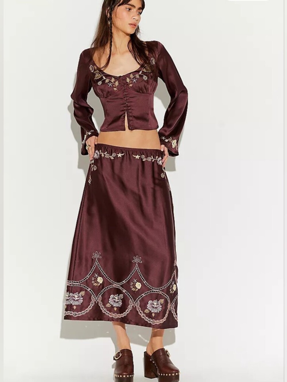 Free People Autumn Bloom Midi Skirt Set In Burgundy NWT Small Embroidered